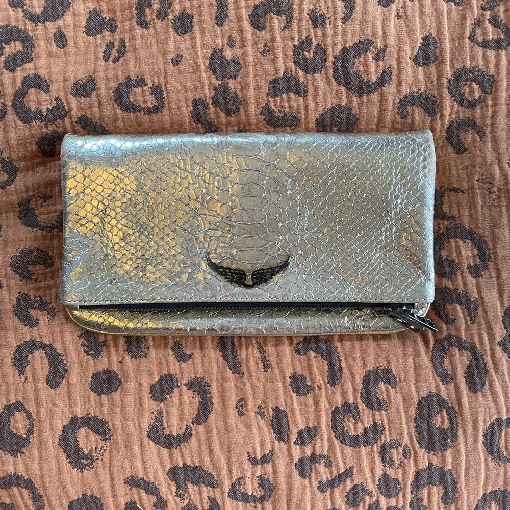 Zadig & Voltaire Metallic Silver Snake-Embossed Leather Clutch